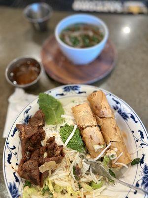 B10 with beef and egg rolls and a side of broth.