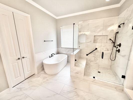 Tub conversion from deck mount to free standing tub with all new bathroom.