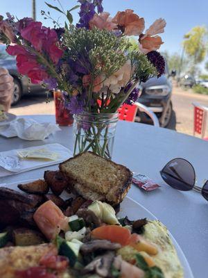 Veggie omelette with gluten-free toast and delicious roasted potatoes.