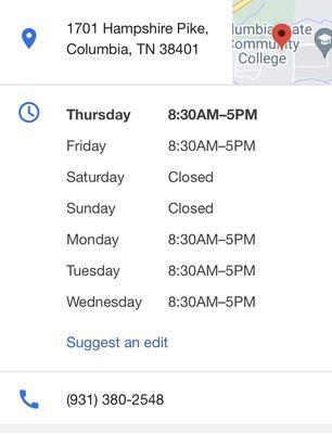 Hours of operation. Number. Address