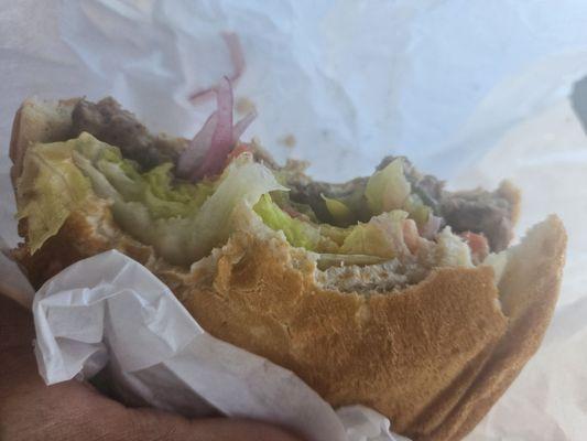 Two burgers for $6.××. So worth it. They have good char flavor, lettuce tomato onion pickles. So worth the money.