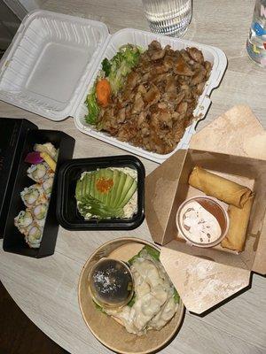 Spring rolls, steamed chicken gyoza, california rolls, teriyaki chicken