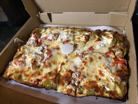 detroit with meatballs, ricotta, and sweet peppers