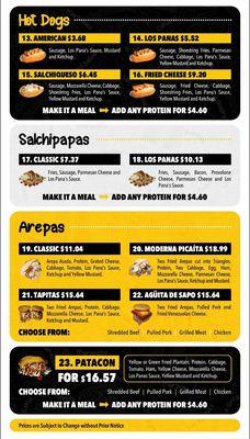 Menú hot Dogs, Arepas y patacones