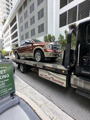 My truck on the flatbed at the parking garage where I lost my steering