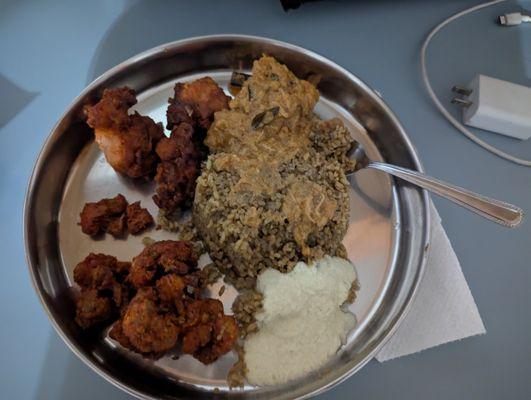 Califlower and chicken 65, spiced rice, chicken curry. Quite tasty!