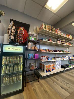 Food and drinks. Also there is paper towels and toilet paper ,plus wet wipes