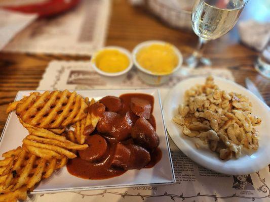 Currywurst, waffle fries, spaetzel