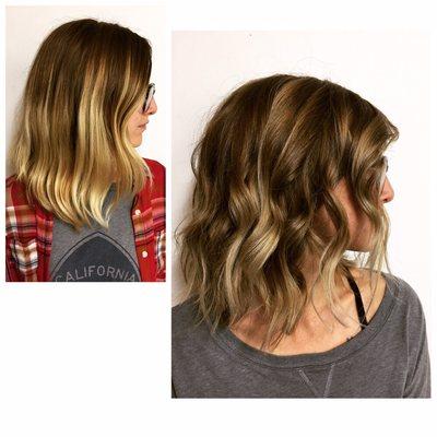 Before and after cut and balayage highlight