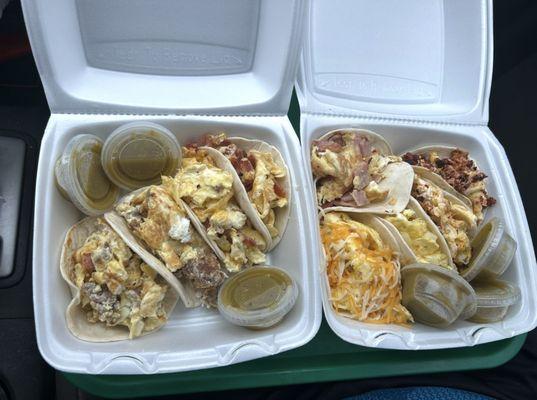 Breakfast tacos!! Left box is Sausage/egg & Bacon/egg... Right box is Ham/egg, Potato/egg, Potato/egg/cheese, Chorizo/egg.