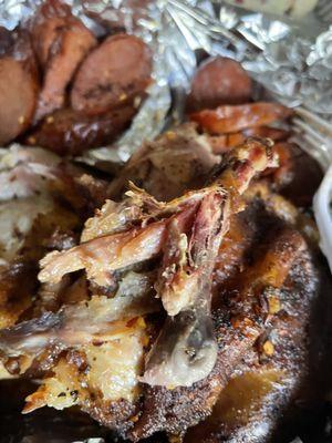 I had the chicken and hot links. The chicken was very dry. The wing couldn't even touch it.
