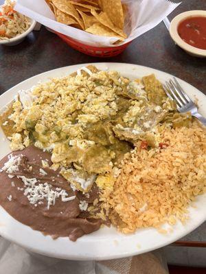 Chilaquiles scrambled eggs and cheese and green sauce. Huge portion.