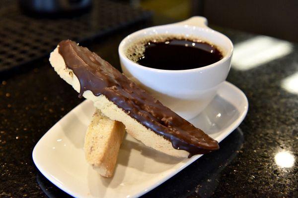 Regular almond biscotti and chocolate dipped with their Ethiopian brew