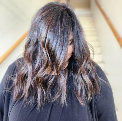 Dark brown and caramel balayage medium wavy hair | Expert Color & Styling in Palm Springs, Desert Hot Springs, Coachella Valley