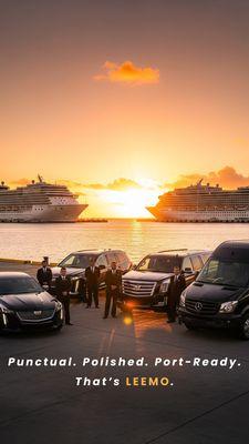 Sunset skies. Ships waiting. Chauffeurs ready.
Start your cruise with the ride you deserve.
Cruise Port Transfers, Perfected -- by LEEMO.