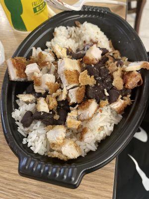 White rice with black beans and crispy chicken