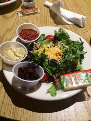 Side salad with dried cherries, almond slivers, and bacon!