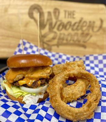 Our Down South Burger with hand dipped home made onion rings
