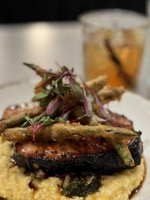Pork Chop with fried green beans and grits