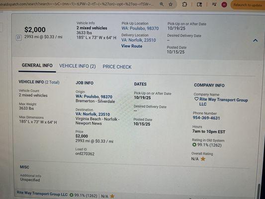 Dispatch posting showing the pickup date was set to the end of the advertised window, and the job wasn't posted for over a month