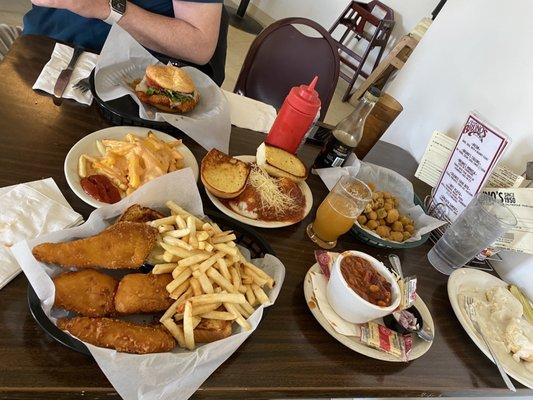 Best chicken sandwich, fish and chips, fries, famous ravioli, fried okra, cup of chili, biscuits and gravy