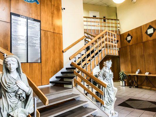 Front entrance once you walk into the building. We are on the first floor down the right hand side hallway. First door on the left.