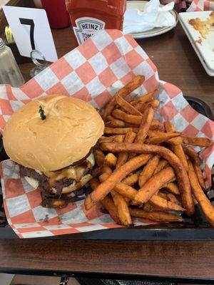 Cowboy burger with sweet potato fries
