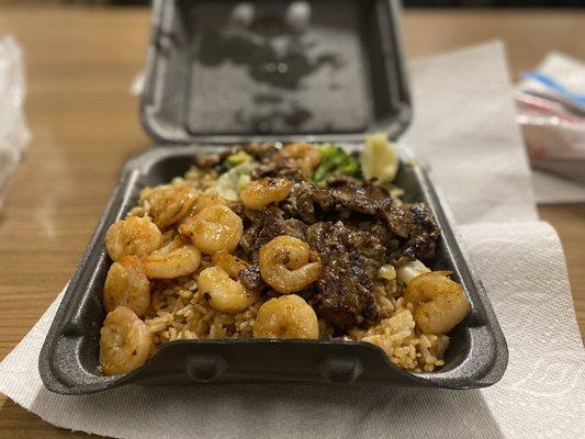 Beef and Shrimp Teriyaki with fried rice