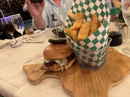 The maya chicken sandwich with steak fries
