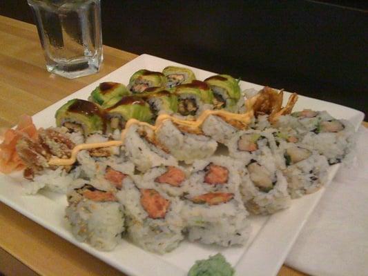 dragon roll, spicy tuna, yellowtail, soft shell crab roll