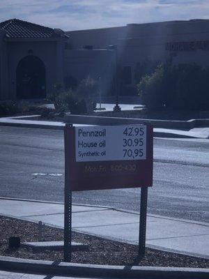 Posted prices for oil changes .. house blend, penzoil, full synthetic