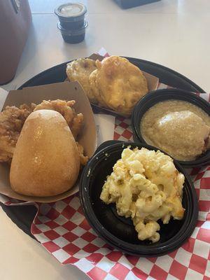 Chicken tenders, Mac and cheese, fried green tomatoes
