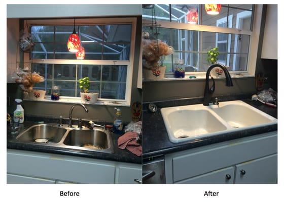 Before and After of new sink and faucet installation