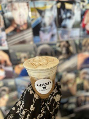 White chocolate,banana Americano with cold foam