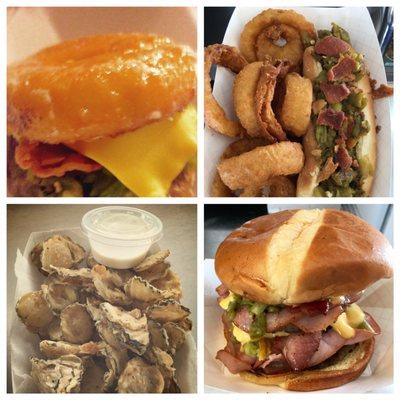 Hand battered fried pickles, NM 1/2 lb hotdog with green chile and bacon, Pigout burger... Delicious !!