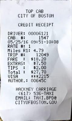 Receipt showing $7.50 EXTRAS that did not show up on meter. Poor tip was for poor service.
