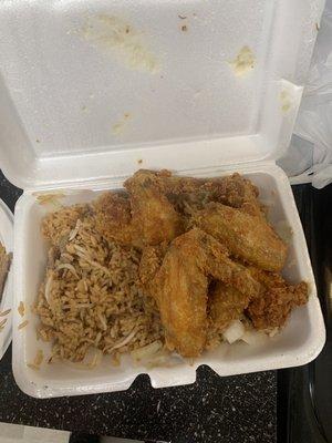 Fried chicken wings with beef fried rice