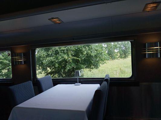 Cafe car tables seat 4, seats were comfortable and tables were decently spaced.