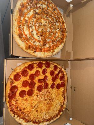 Chicken Buffalo Pizza and Half Pepperoni Cheese Pizza