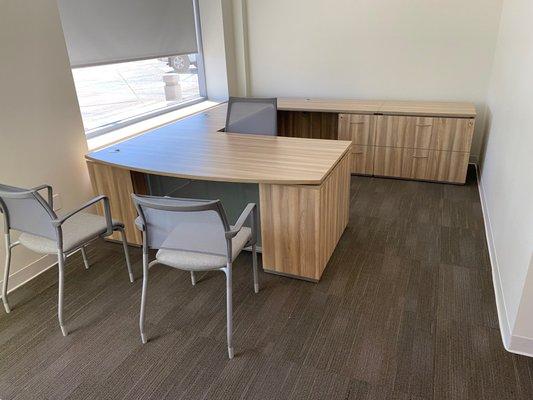 U Shape Desk w/ task and guest chairs. 2 Drawer lateral file cabinet.