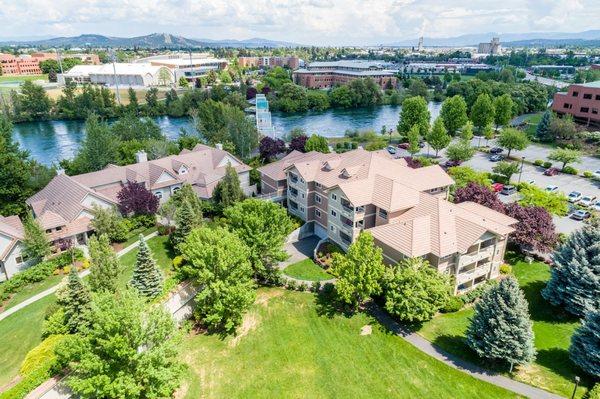 Overhead View of Riverpoint Village Condos and the Spokane River