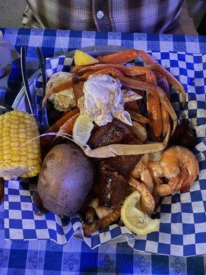 Crab, shrimp, sausage, corn and potatoes