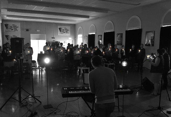 The church family, worshipping under candlelight, for our 2017 Christmas Eve gathering.