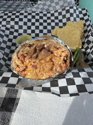 Chorizo egg beans and rice breakfast burrito