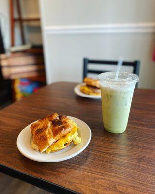 MTO Breakfast Sandwich and iced matcha latte