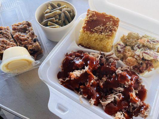 Pulled BBQ Pork Meal with Bread Pudding.