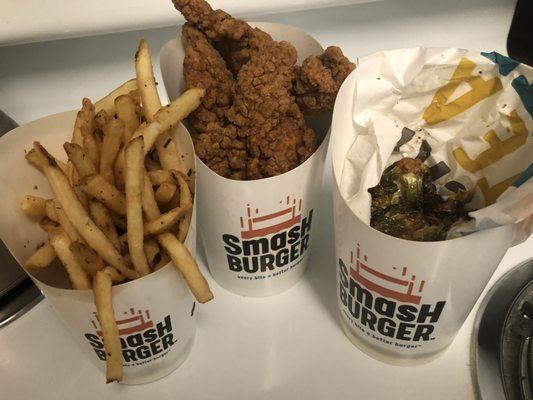 Regular Smashfries, 5 piece Chicken Tenders, Crispy Brussels Sprouts