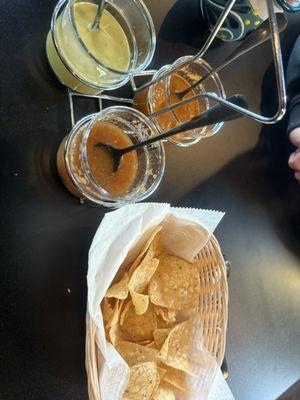 Chips and mild, medium and hot sauce