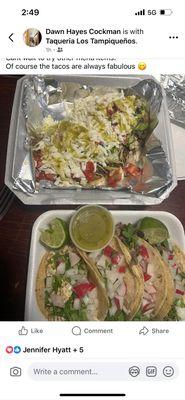 Steak huarache. Steak and chicken tacos. Salsa verde.