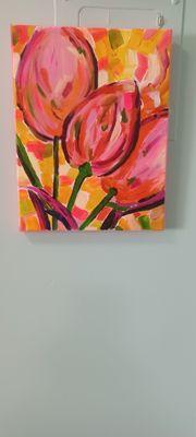 Three happy and colorful abstract tulips.